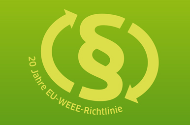 Grafik mit Paragrafenzeichen und Rücknahmepfeilen zu 20 Jahre EU-WEEE-Richtlinie